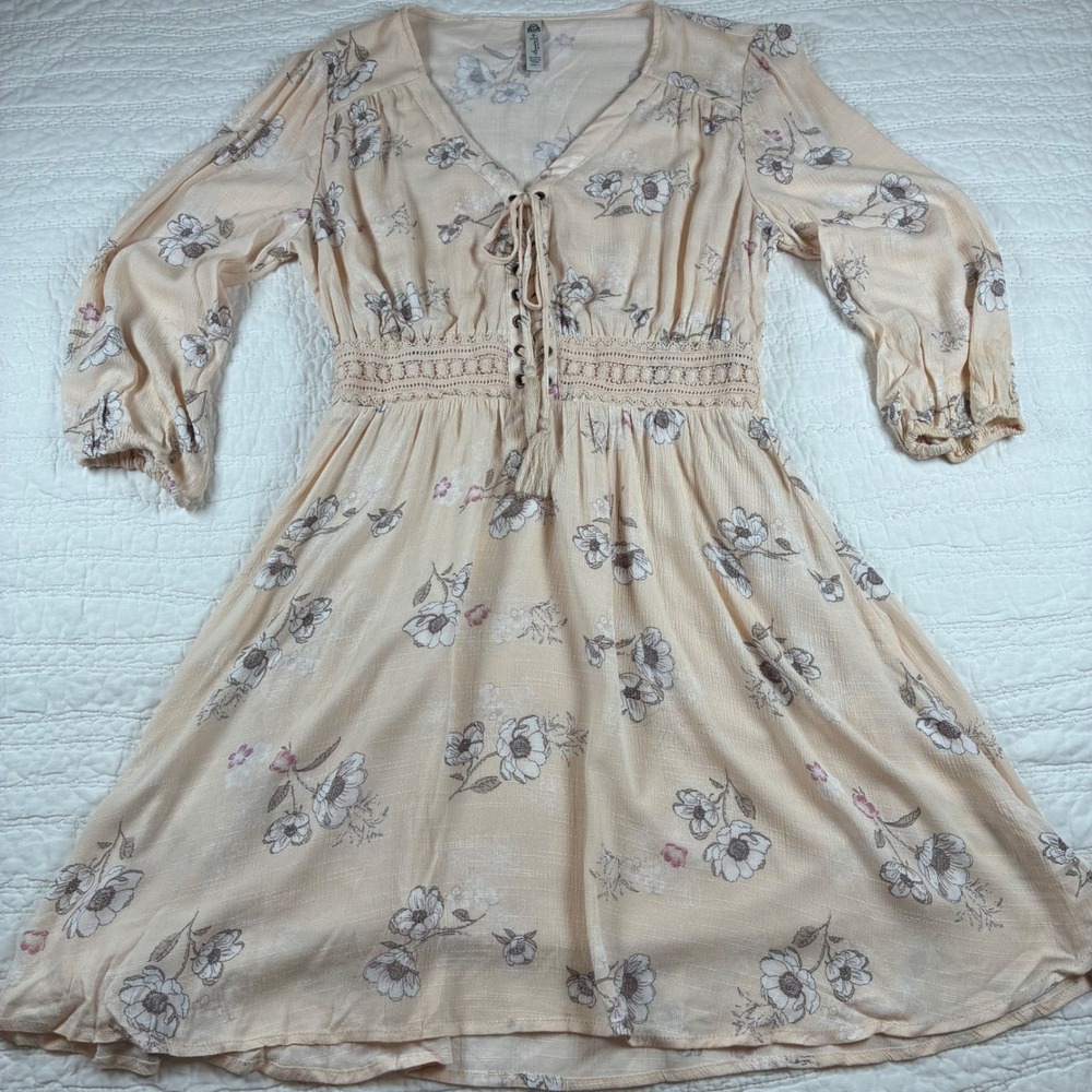 American Rag Dress L Boho Lace Up Corset Smocked Waist Coquette Peasant Cottage